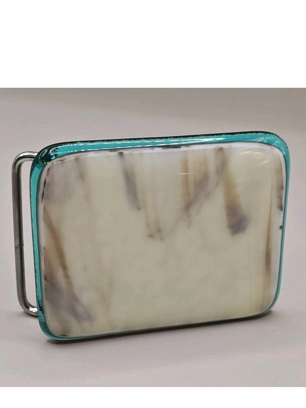 Recycled Mexican Art Glass Square Belt Buckle White Brush Stroked Statement Boho